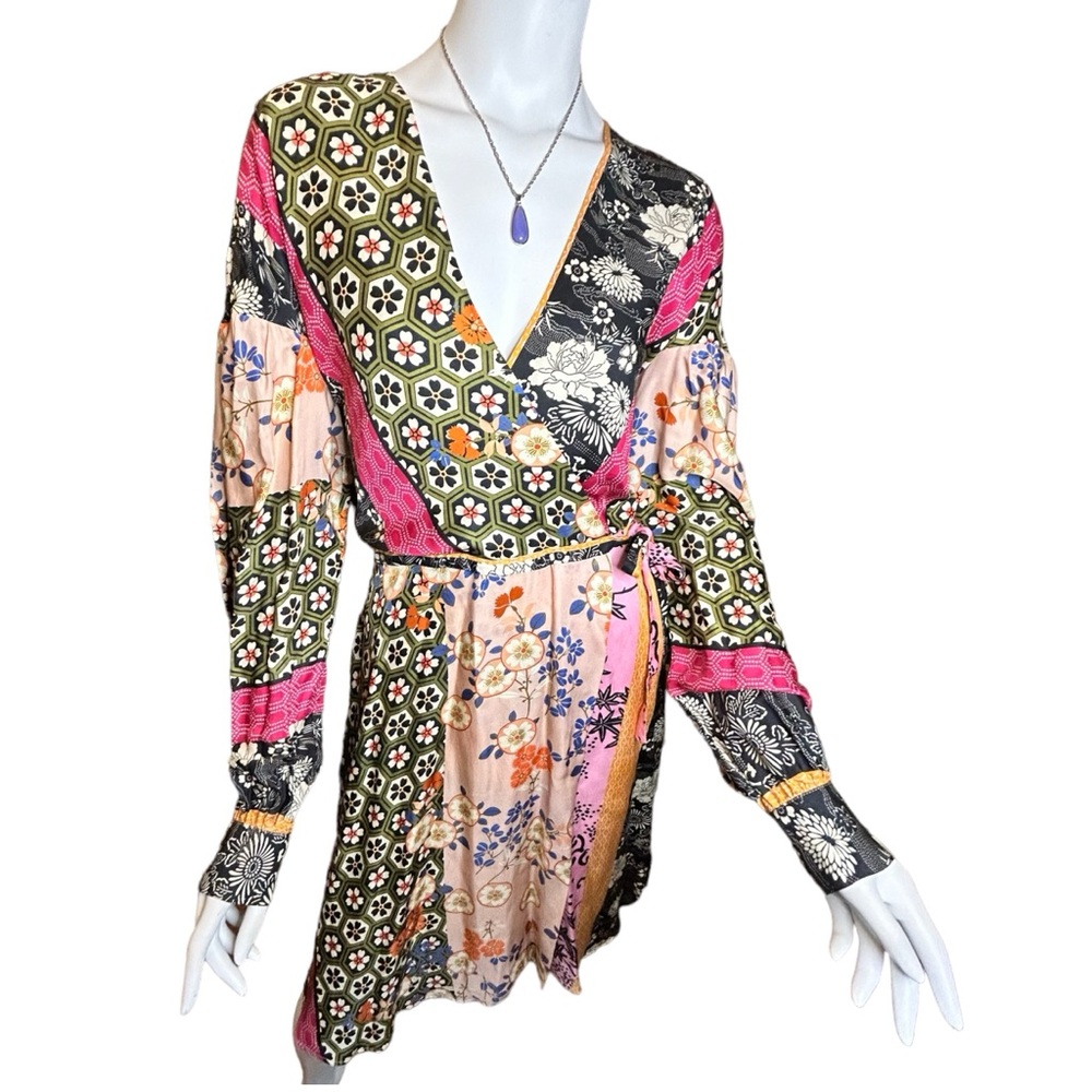 PINKO Draghetta Abito Twill Long Sleeve V-neck Faux Wrap Dress Size 10